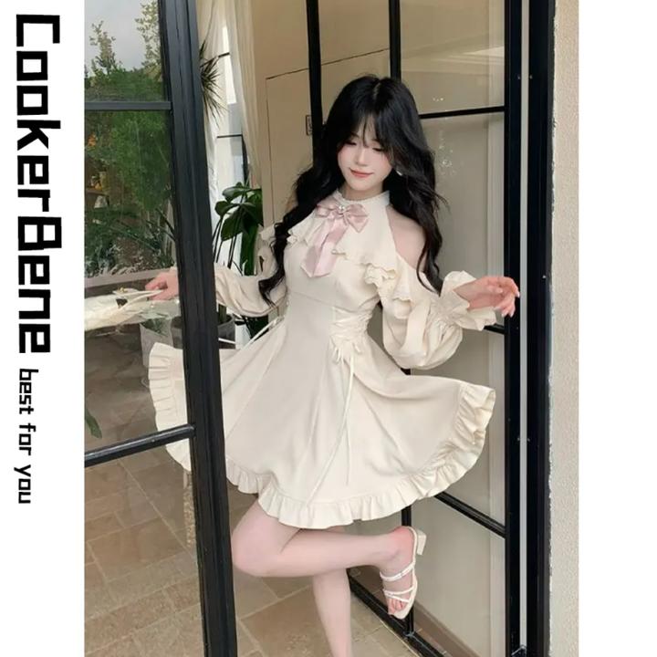 珍珠情书 日系千金感甜美气质连衣裙夏季露肩荷叶蝴蝶结显瘦裙子