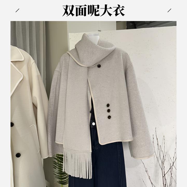 配围巾韩系秋冬设计感短款双面呢短外套2025新款时尚洋气百搭女装
