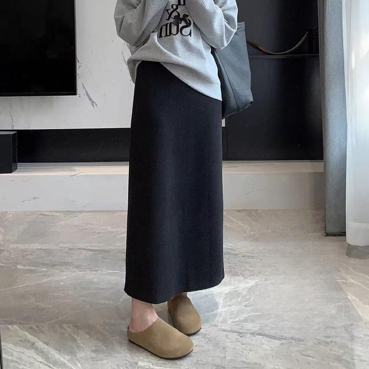 【醋酸羊绒+2个裙长】小个子秋冬直筒显瘦百搭高腰开叉中长款半身裙