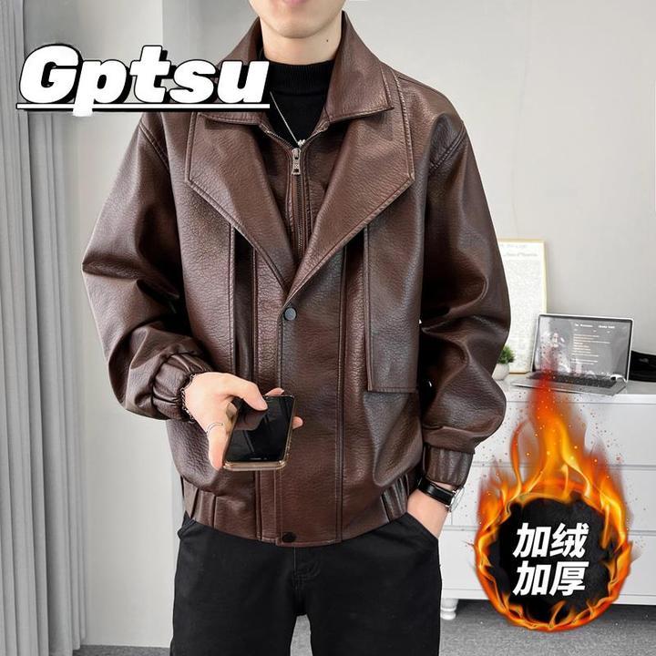 GPTSu潮牌皮衣外套男士新款春秋季休闲时尚皮夹克加绒痞帅机车服