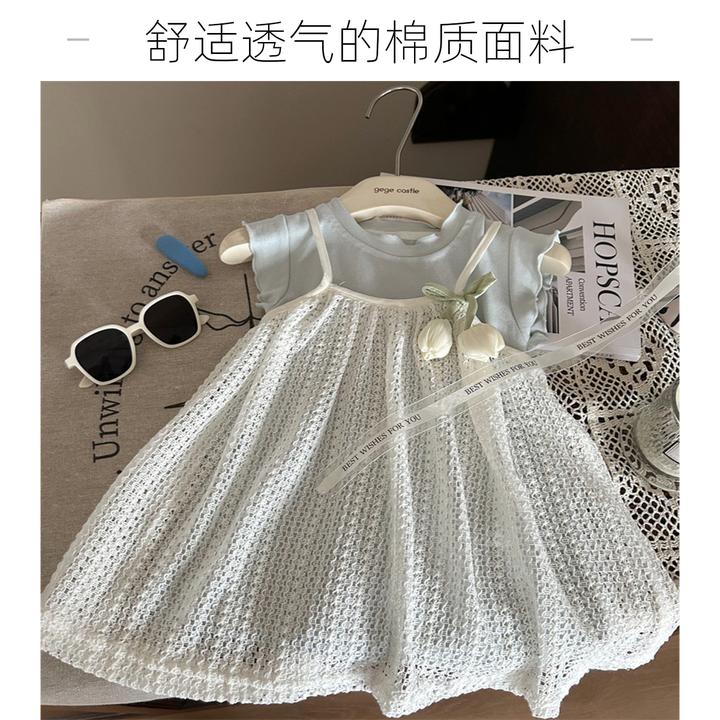 韩版女童夏装2025新款爆款蓝色背心裙儿童洋气蕾丝吊带裙两件套潮