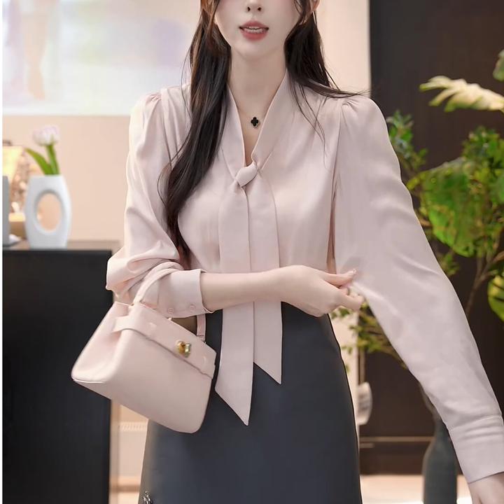 【琉璃雾粉】时尚气质洋气百搭春季飘带衬衫上衣LK2501685