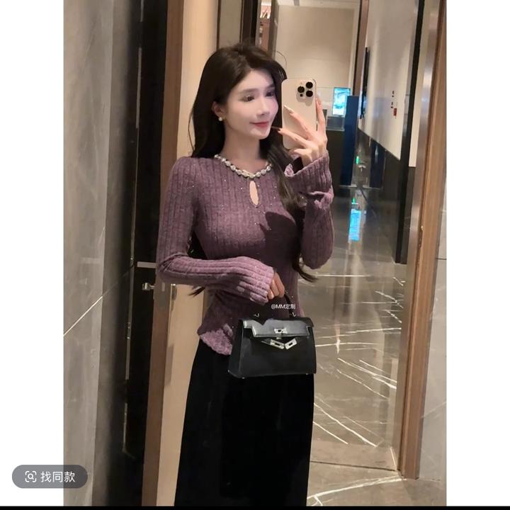 2024新款冬季法式小香风重工水钻领镂空针织上衣+丝绒保暖长裤