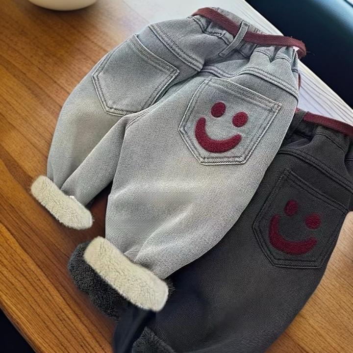 儿童牛仔加绒裤笑脸宝宝秋冬季加厚直筒裤子男女童浅色保暖休闲裤