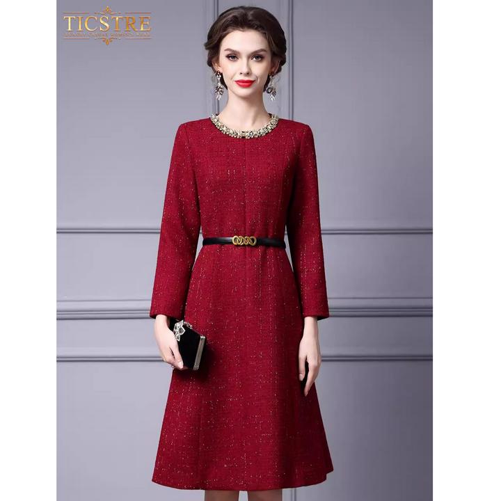 TICSTRE2025秋季连衣裙女长袖高档钉钻酒红色显瘦遮肚微胖A字裙子