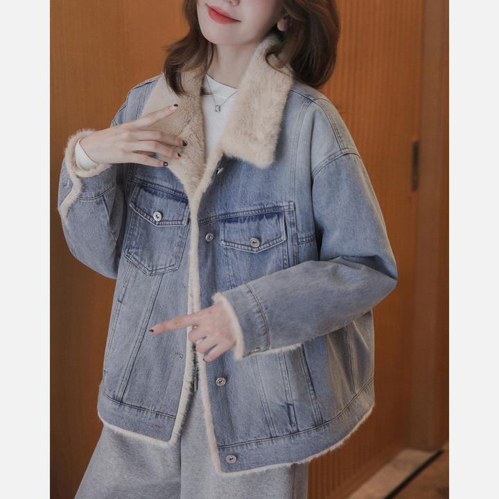 牛仔外套短款女2025年冬季加绒毛毛外套女加厚韩系小个子厚外套