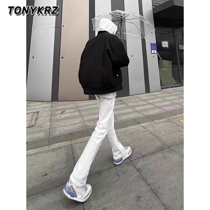 TONYKRZ纯白色牛仔裤男美式vibe裤子直筒修身显瘦高街潮牌微喇裤