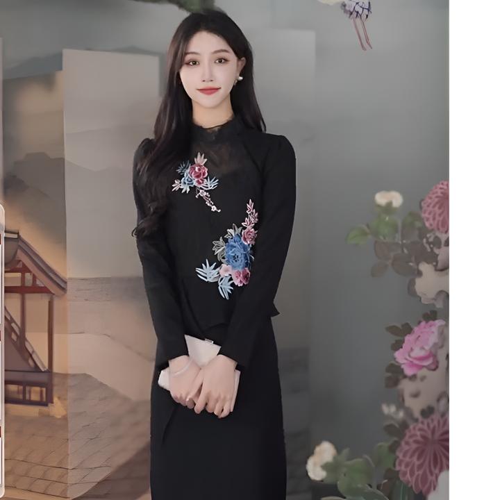 【豫象.颐】SUSSI/古色冬季新品黑色刺绣长袖气质优雅绣花连衣裙