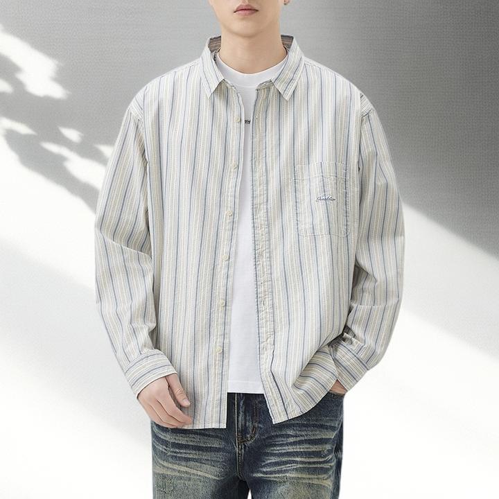 轻奢高档日系条纹外套男2025秋季新款美式百搭潮流宽松长袖衬衣