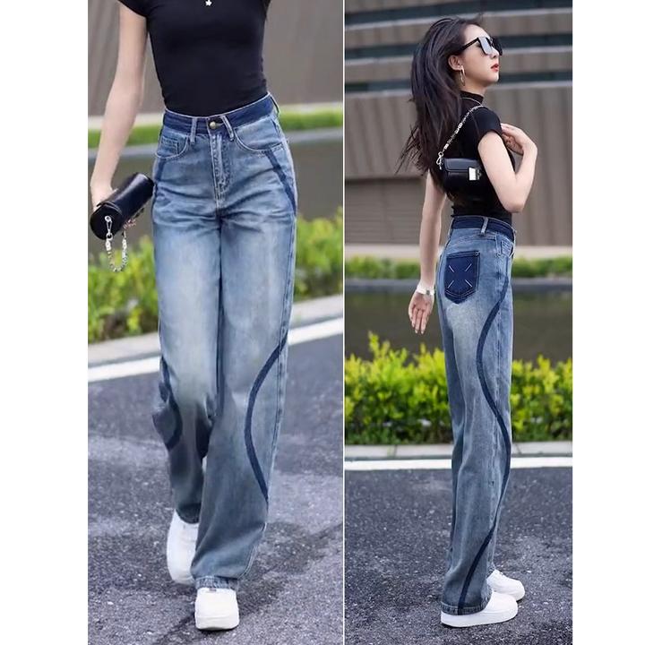 窄版阔腿牛仔裤女夏季薄款高腰显瘦直筒裤小个子百搭垂感长裤蓝色