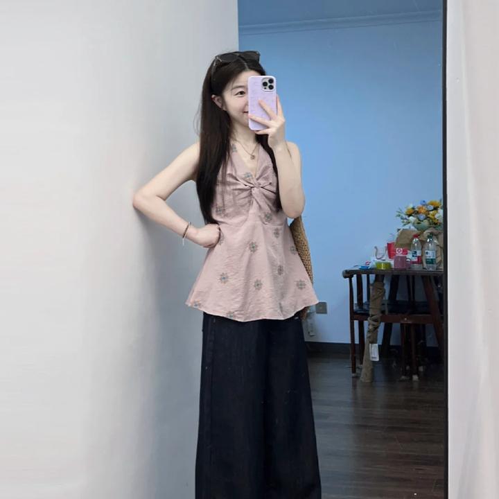 2025夏季新款法式温柔风挂脖无袖上衣百搭显瘦牛仔裤显瘦两件套女