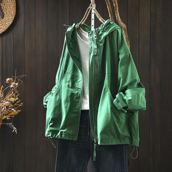 双拉链连帽工装外套女宽松大码春秋简约休闲百搭大口袋中长款风衣