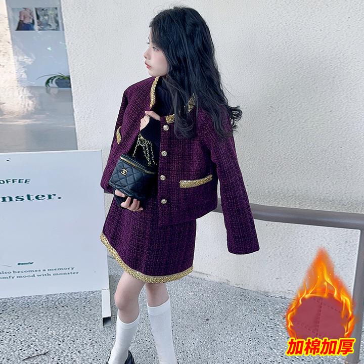 女童小香风套装裙秋冬季2024新款中大童洋气加厚外套网红短裙两件