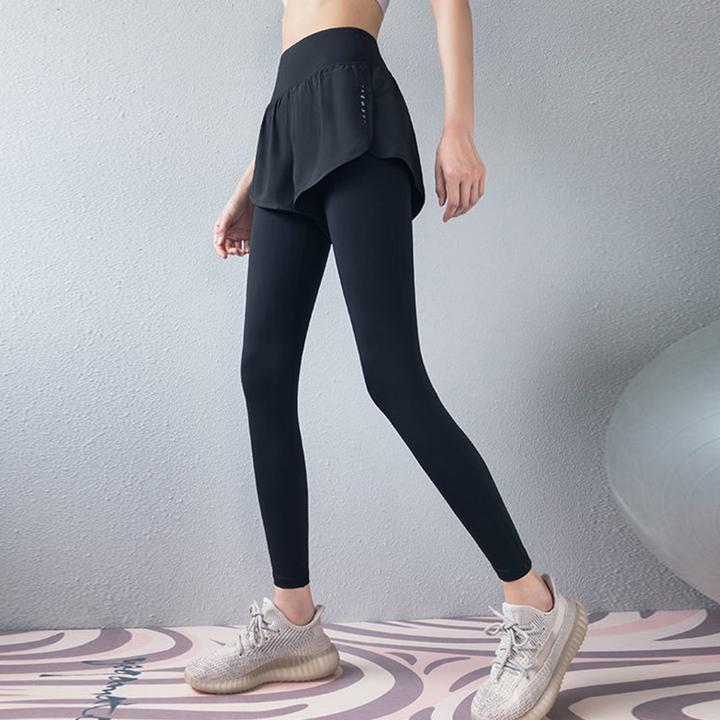 【华解语】健身裤女秋冬新高腰收腹假两件跑步弹力速干户外运动长裤