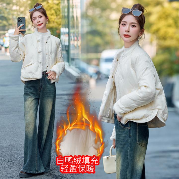 韩版小个子小香风洋气时髦水貂毛拼接短款白鸭绒羽绒服冬季新款