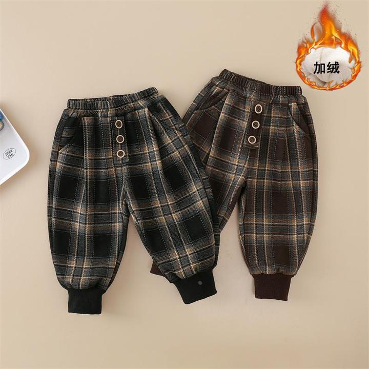 男童加绒裤子秋冬季2024新款儿童格子一体绒裤加厚宝宝休闲卫裤潮