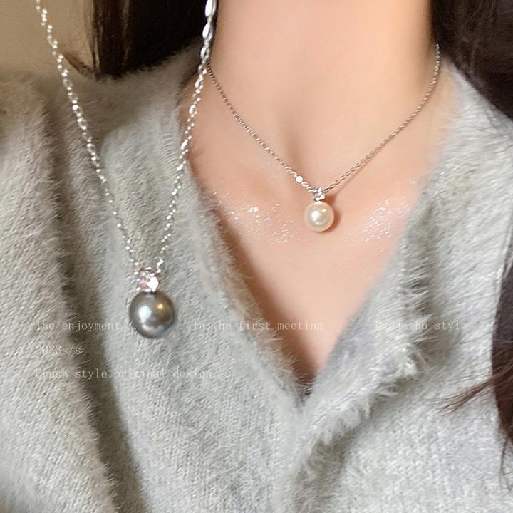 合金项链 锆石吊坠珠珠项链女简约冷淡风小众高级感锁骨链时尚407