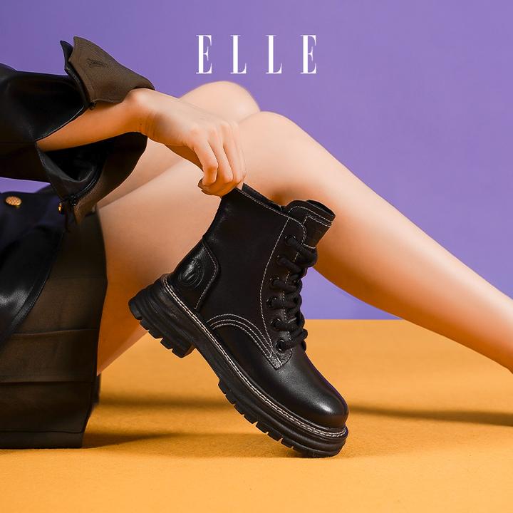 ELLE马丁靴女靴子真皮秋冬季新款气质时尚机车靴厚底工装平底短靴