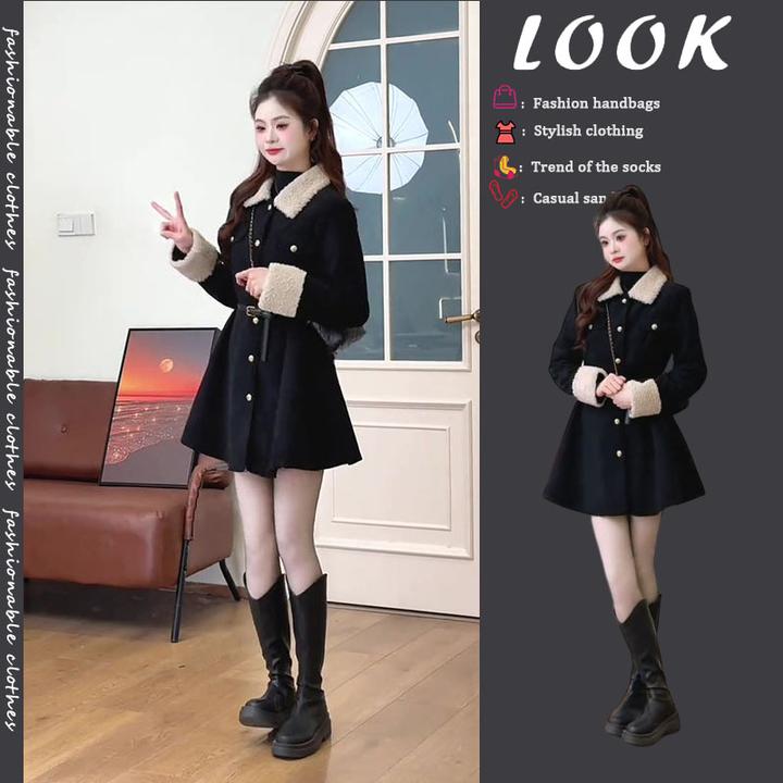 时尚洋气女装2024冬季新款韩版设计感翻领大衣收腰小香风撞色外套