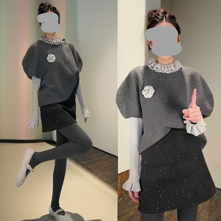 秋冬爆款气质荷叶边显瘦打底衫针织斗篷马甲别致亮片半身裙三件套