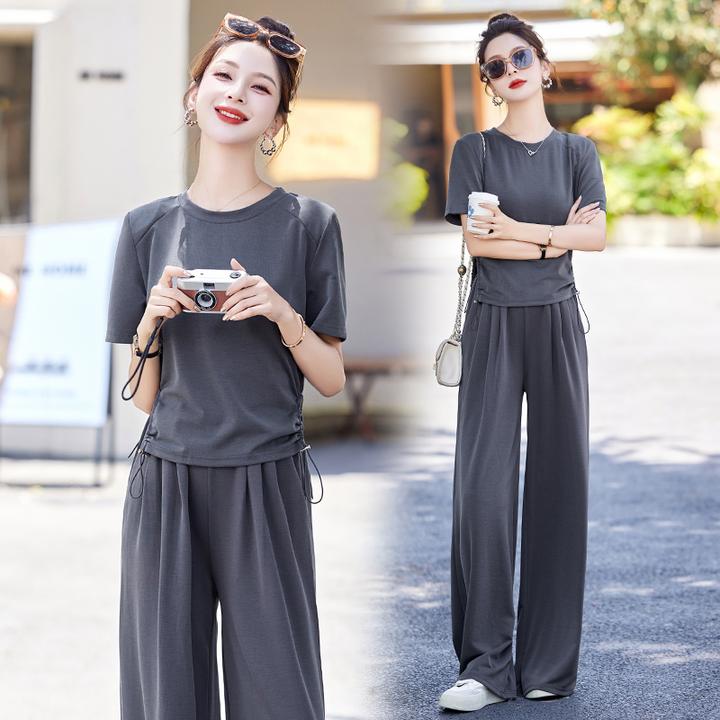 尤莱特时尚休闲气质薄款短袖上衣阔腿裤两件套套装2024夏季新款