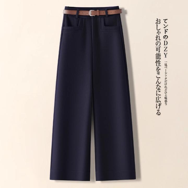 藏蓝色毛呢阔腿裤女秋冬2024新款高腰加绒加厚软糯窄版直筒九分裤