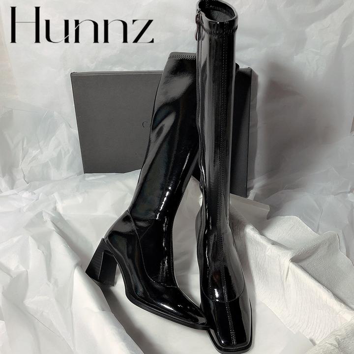 hunnz2025新款高跟气质瘦瘦靴简约不过膝长靴方头高筒靴女