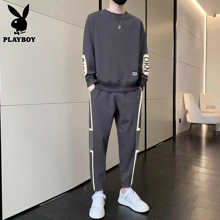 花花公子运动套装男士秋季潮流圆领卫衣搭配帅气休闲卫裤两件一套