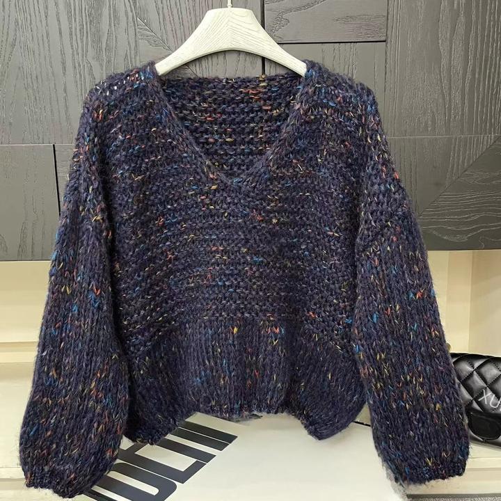 欧货设计感花色短款粗线V领短款毛衣女秋冬内搭洋气时尚百搭上衣