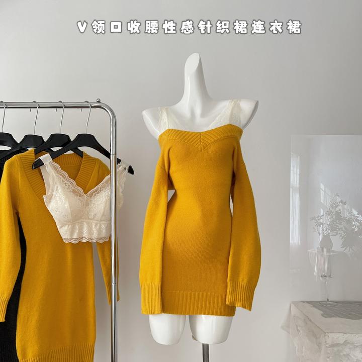 纯欲辣妹深V领口收腰性感针织裙连衣裙ZC60