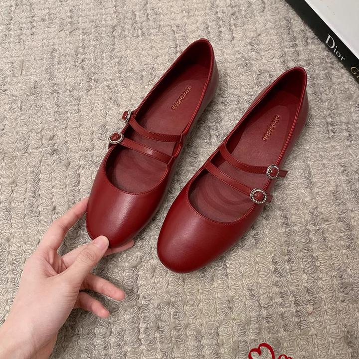 秋季新款奶奶鞋圆头红色浅口小低跟玛丽珍单鞋女温柔软底气质百搭