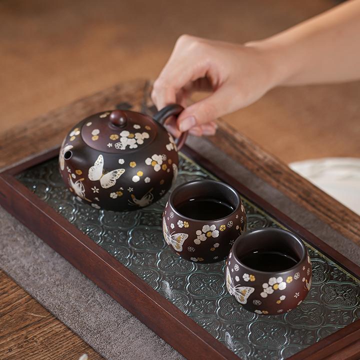 建水紫陶茶壶鎏银蝴蝶西施壶高颜值泡茶壶家用茶具紫陶壶泡茶工具
