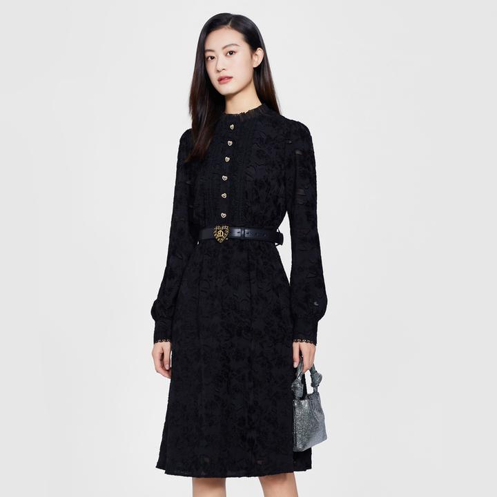 芭蒂娜蕾丝长袖复古收腰黑色连衣裙634U133