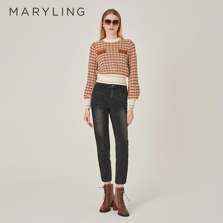MARYLING玛俪琳2024冬季新品复古白咖色格纹圆领针织衫A1EHW03320