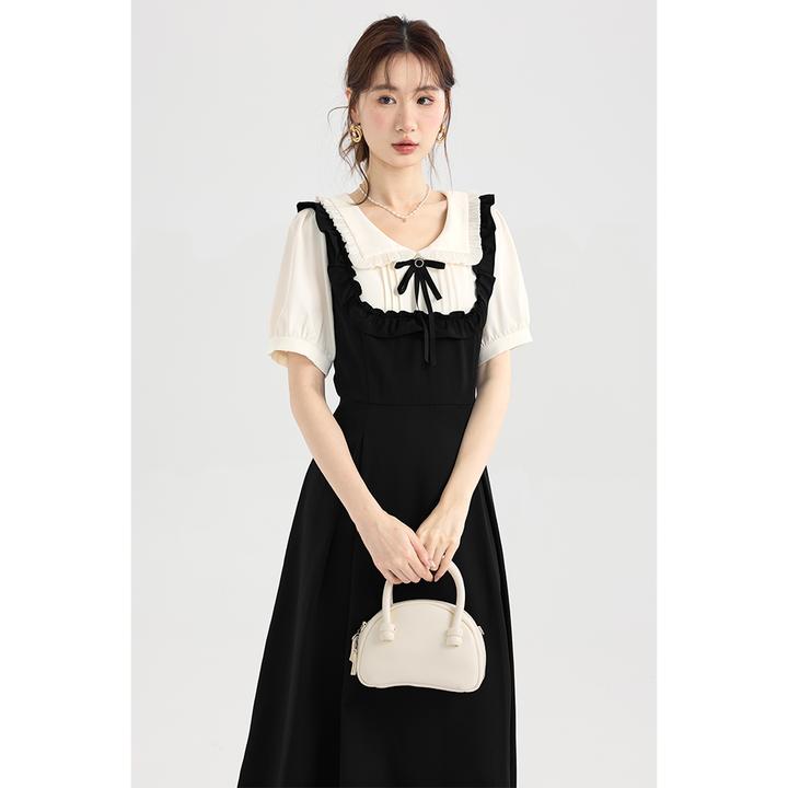 爱蔷薇大码衬衫拼接假两件连衣裙夏季女装法式桔梗小黑裙GT72452