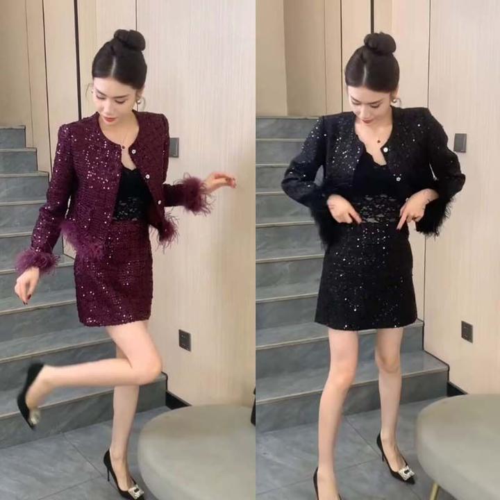 2024秋冬新款小香风亮片套装气质显瘦短款外套+修身半身裙两件套