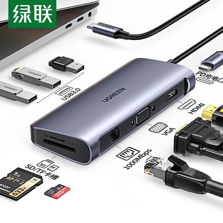 绿联Type-C扩展坞9合1拓展适用苹果Mac华为笔记本千兆HDMI多接口