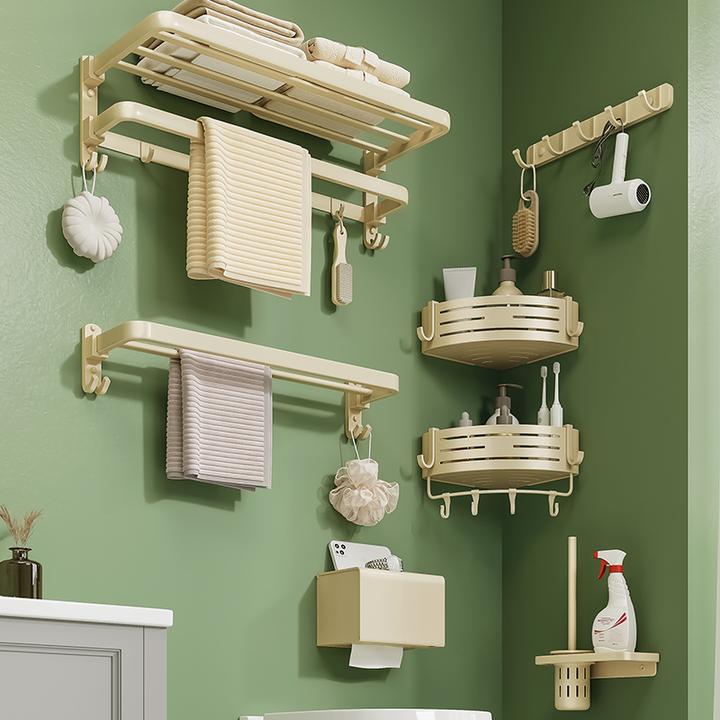 奶白浴室置物架免打孔毛巾架壁挂卫生间置物架折叠浴巾架基础款