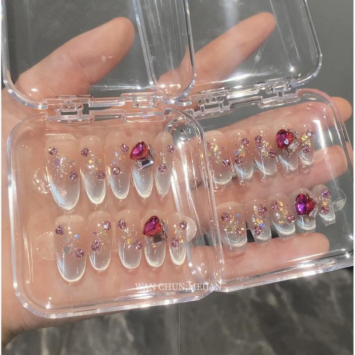 「 冰透蓝 」纯手工光疗腮红蓝色猫眼亮片奢华碎钻显白日常穿戴甲