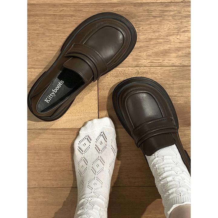 棕色圆头复古英伦风厚底小皮鞋女夏季2023新款乐福鞋配裙子增高