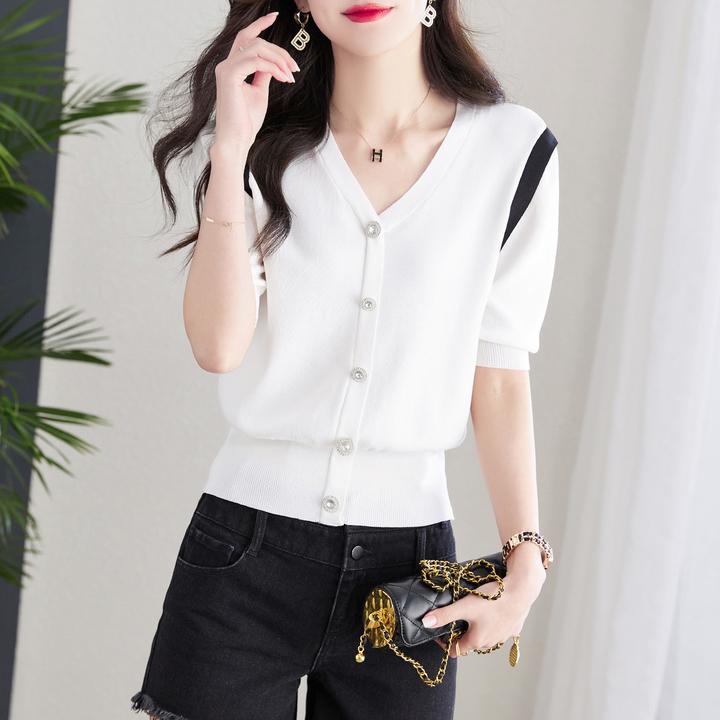 简约气质显瘦V领拼接T恤2025夏新款休闲时尚通勤百搭开衫短袖