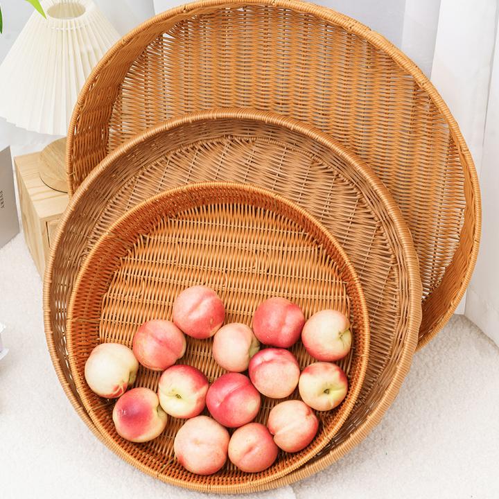 日式托盘圆形果盘零食面包篮家用茶几茶具茶盘仿藤编织厨房沥水盘
