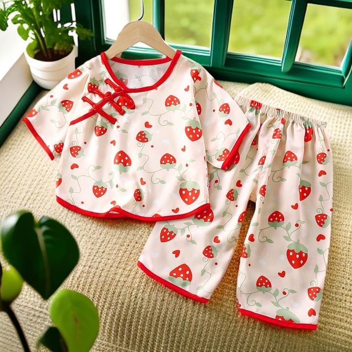 宝宝绵绸七分袖家居服女孩婴儿薄款睡衣空调服宝宝夏季汉服套装