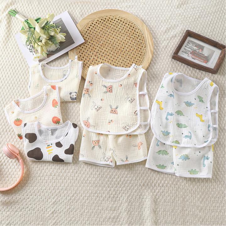 宝宝背心套装纯棉琵琶短裤两件套夏天纱布婴儿薄款宝宝分体空调服
