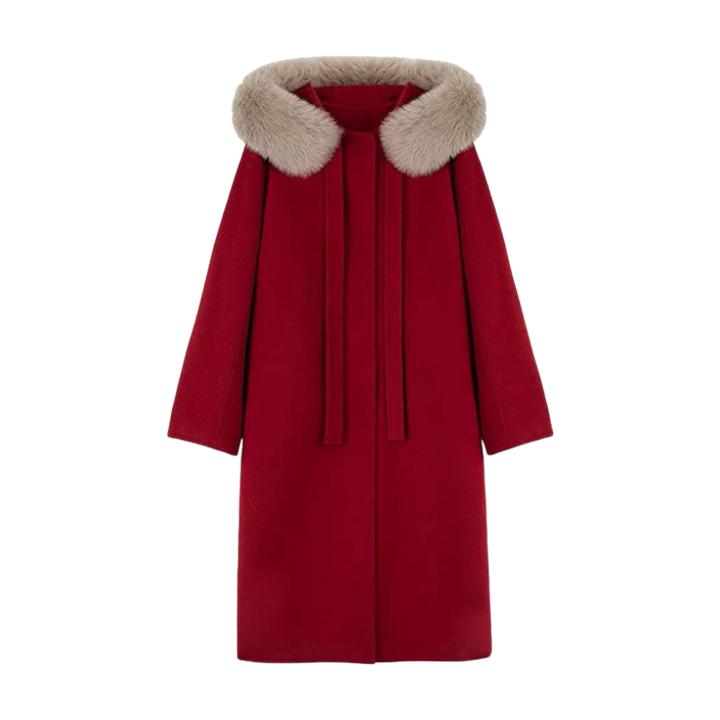 2024秋季时尚高级感红色大衣新年战袍舒适面料毛连帽气质大衣