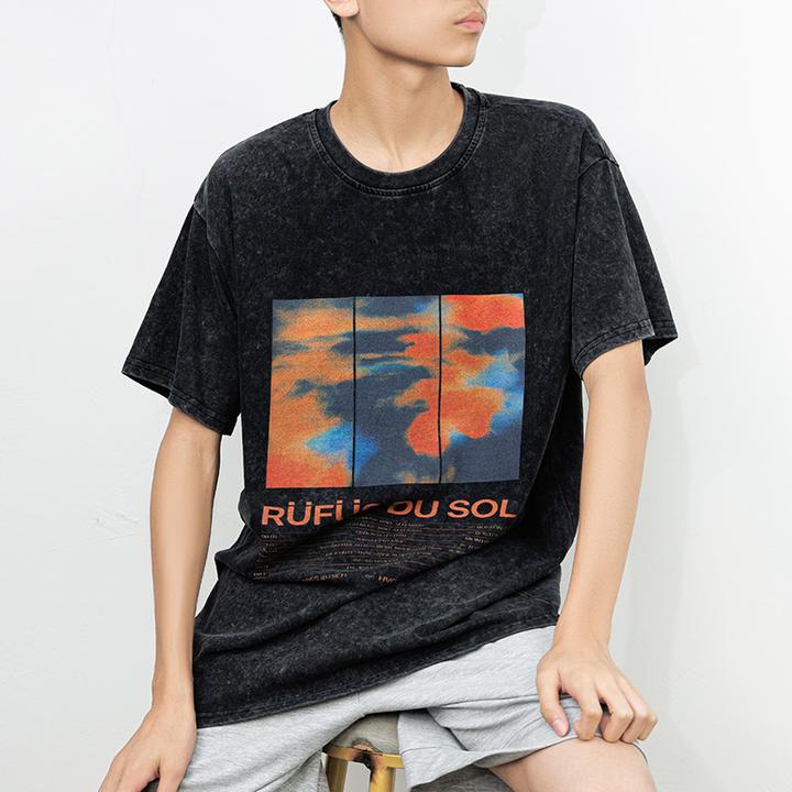 無事 270克重磅 晚霞迷迭欧美潮牌复古印花男士纯棉短袖休闲上衣