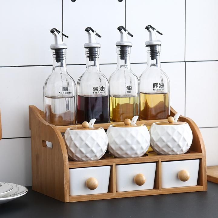 日式厨房双层陶瓷调味罐调料盒家用玻璃油瓶油盐酱调料瓶组合套装