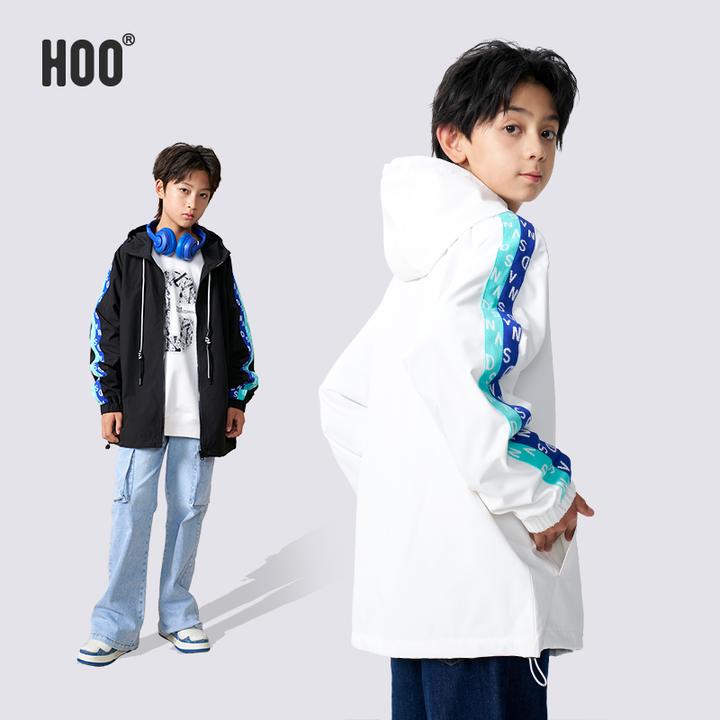 HOO中大男童春秋连帽外套户外时尚运动休闲宽松胖童潮流风衣0543A