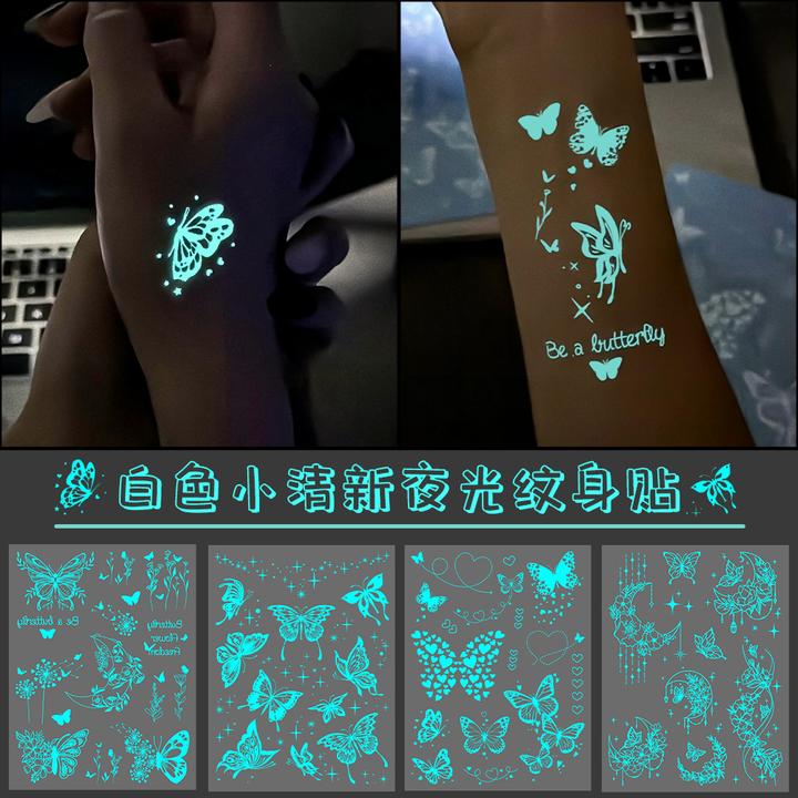 经典爆款海娜夜光白色蝴蝶夜光纹身贴蝴蝶手臂锁骨贴纸草本纹身贴