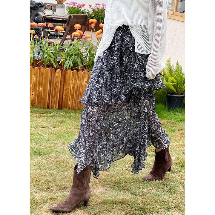 A美洋MEIYANG 【现货】步步生花半身裙 复古微透雪纺印花斜边长裙